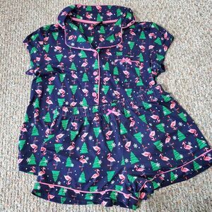 Santa’s Treasures Christmas Shorts Pajamas Size Medium Blue Flamingo Xmas Tree